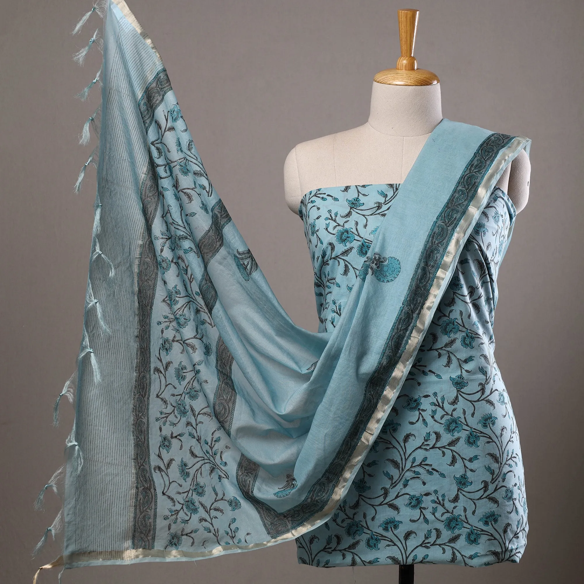 3pc Sanganeri Block Printed Cotton Suit Material with Chanderi Silk Dupatta 02