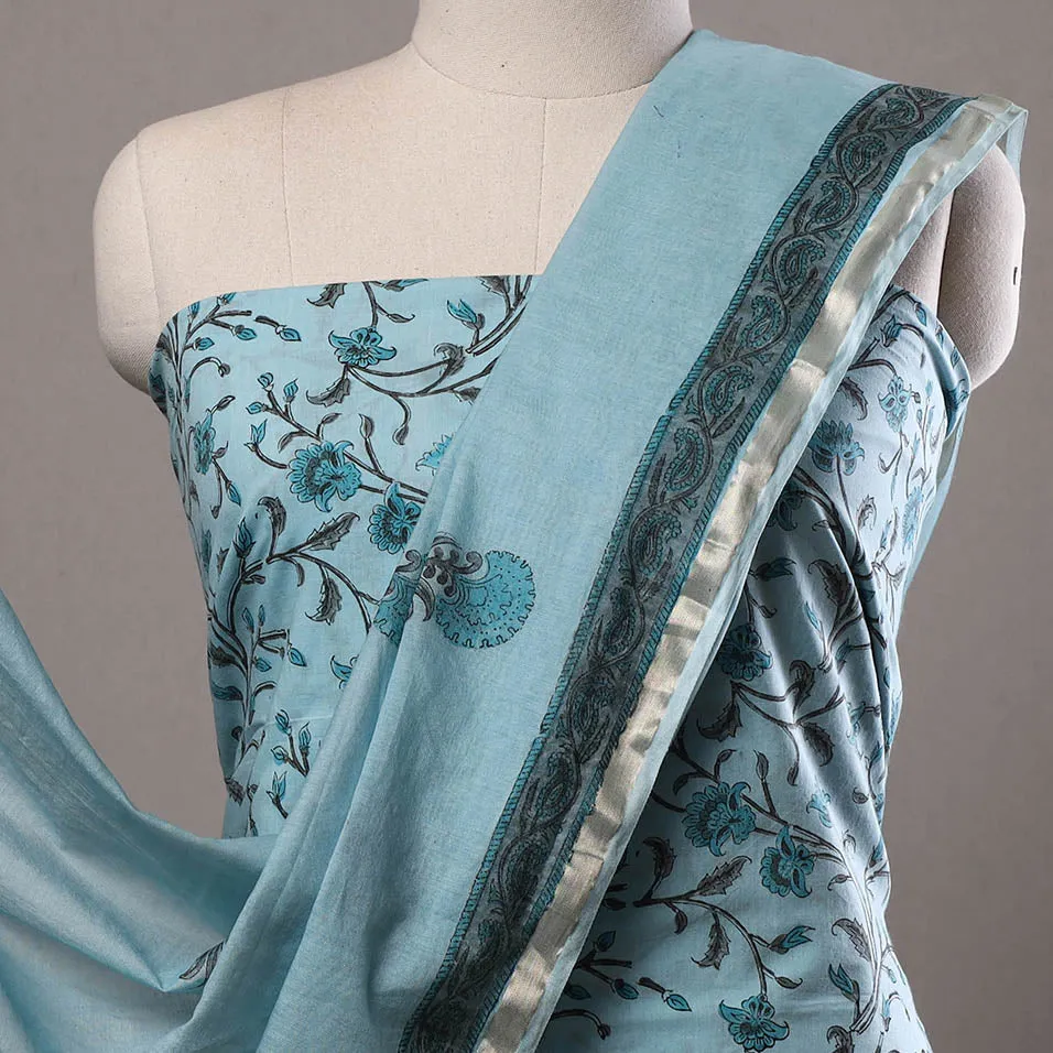 3pc Sanganeri Block Printed Cotton Suit Material with Chanderi Silk Dupatta 02