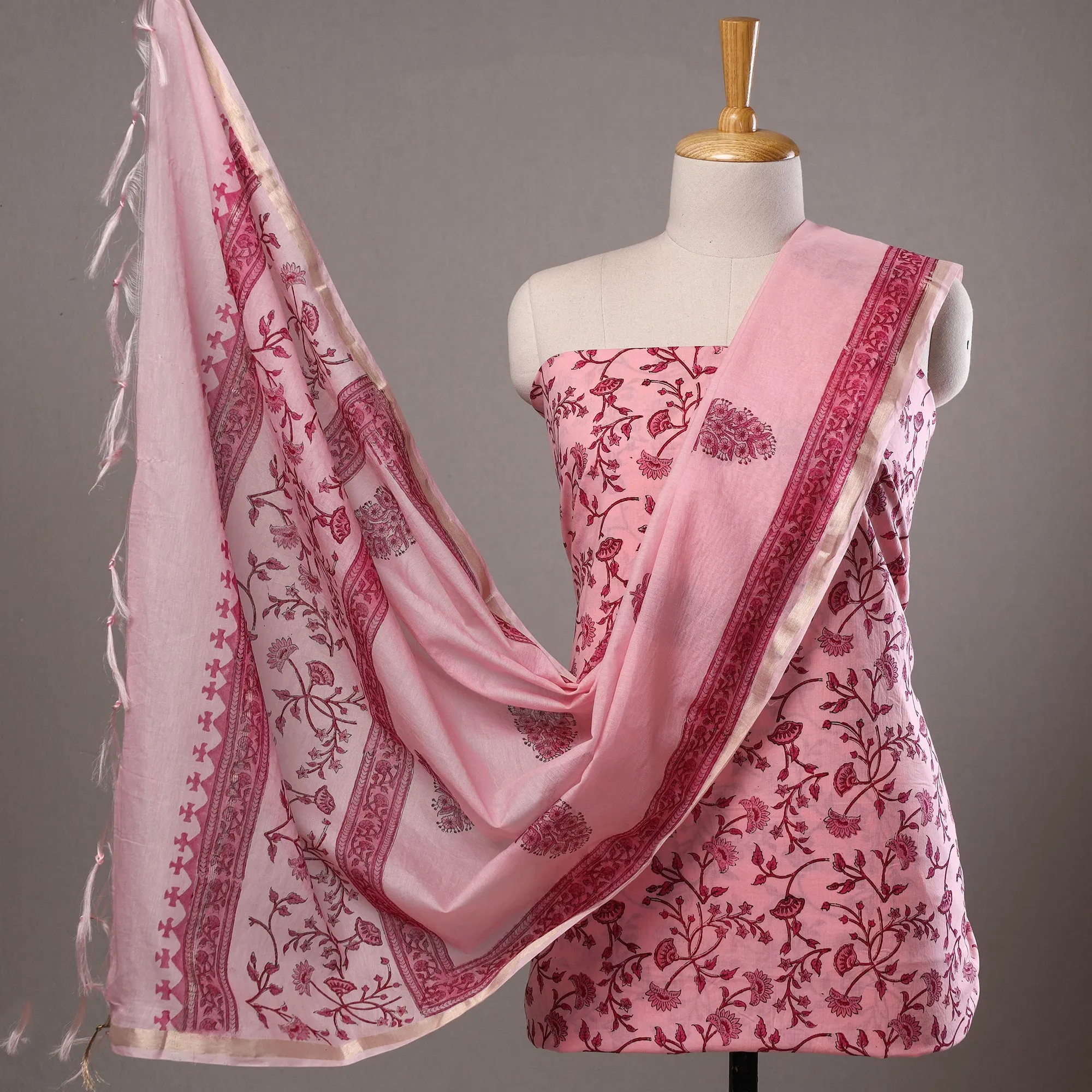 3pc Sanganeri Block Printed Cotton Suit Material with Chanderi Silk Dupatta 16