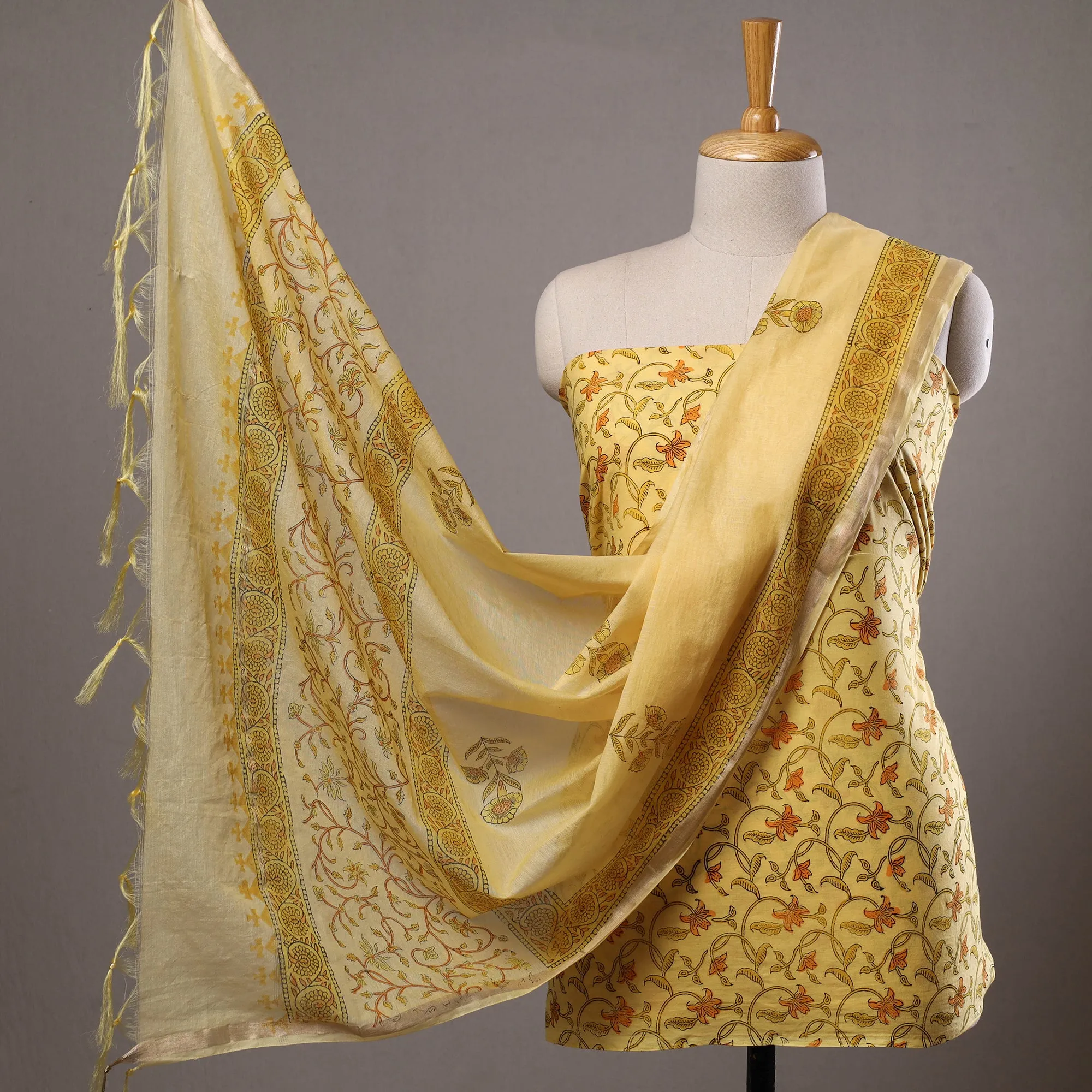 3pc Sanganeri Block Printed Cotton Suit Material with Chanderi Silk Dupatta 20