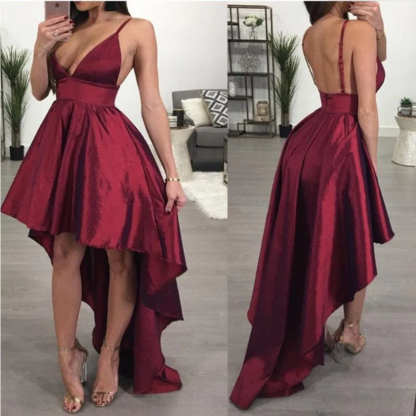 A line Deep V Neck High Low Spaghetti Straps Sleeveless Taffeta Prom Dresses JS358