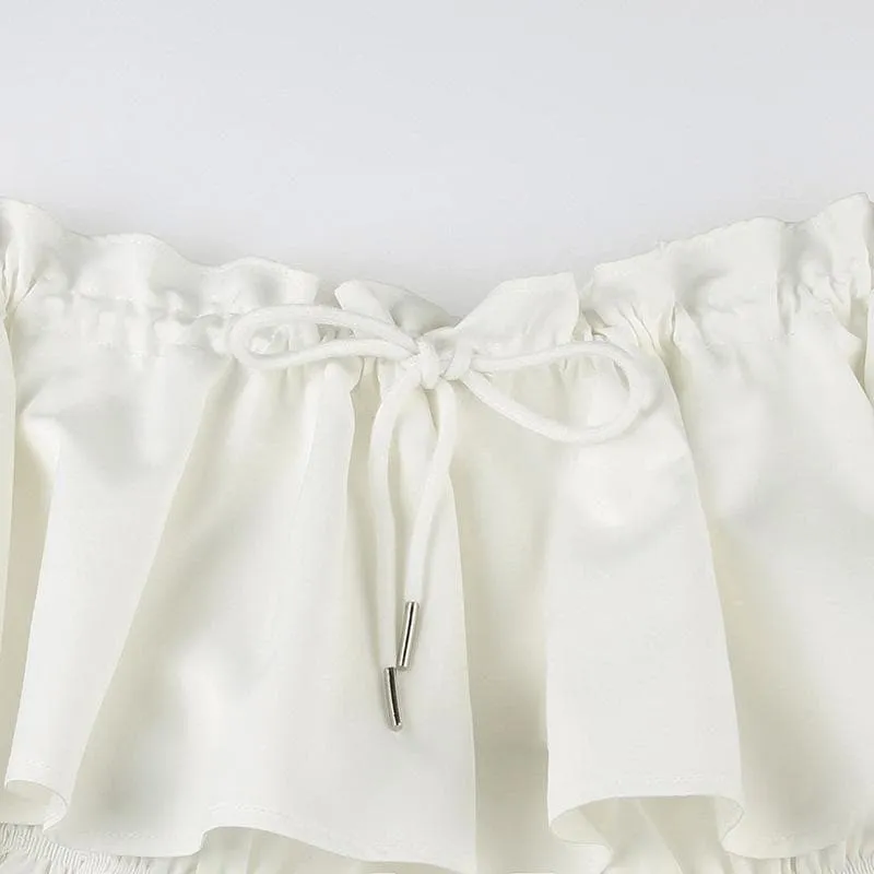 A line drawstring ruched ruffle solid mini skirt