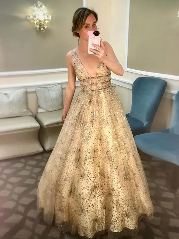 A-Line Gold Sequins Prom Dresses Vintage Cheap Evening Dress ER2016