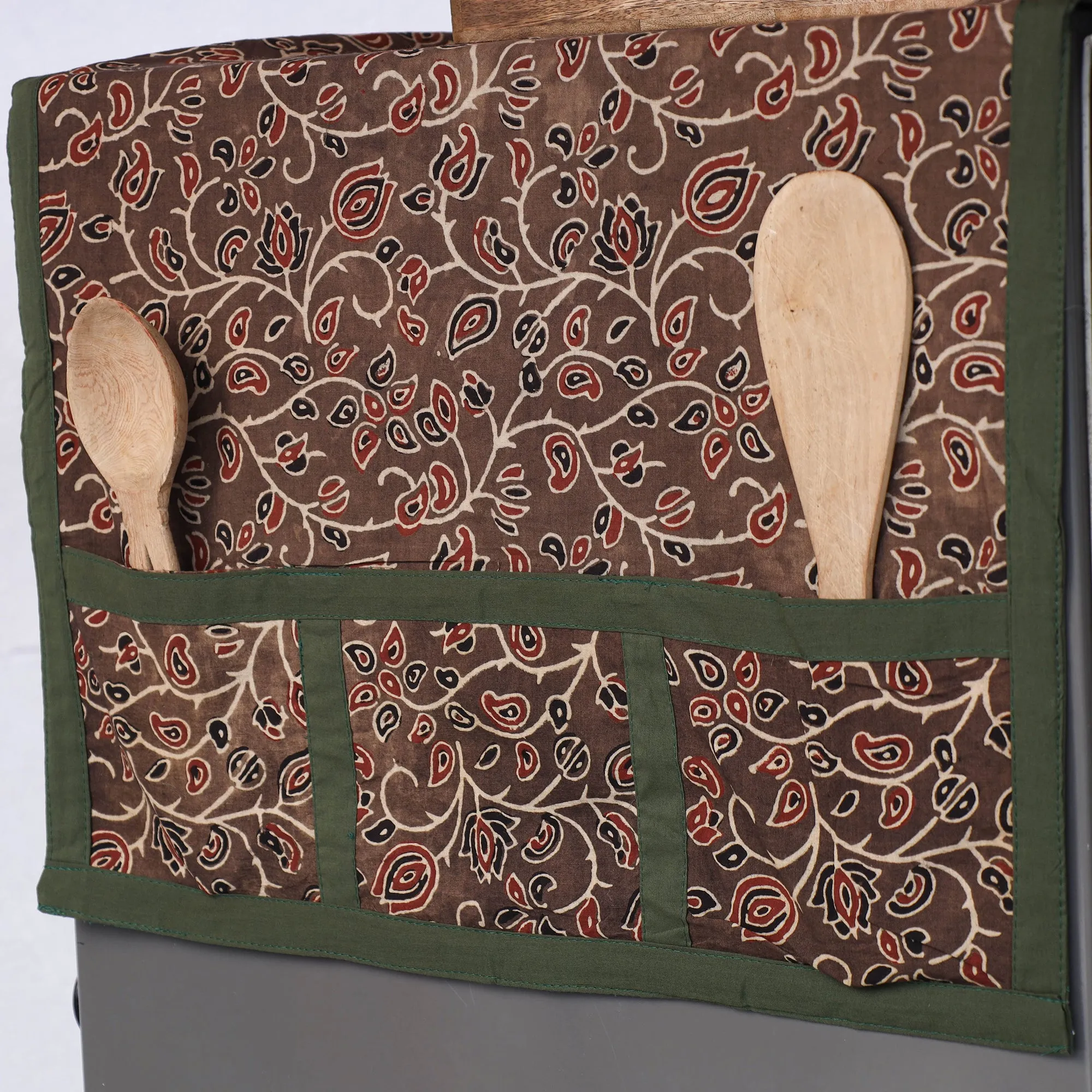 Ajrakh Block Printed Cotton Fridge Top Cover with Multiple Pockets