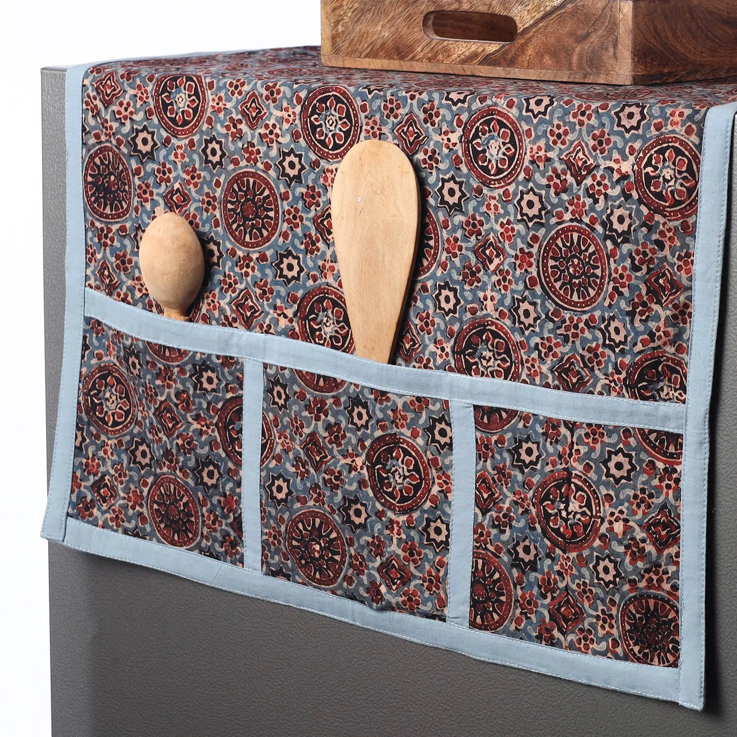 Ajrakh Block Printed Cotton Fridge Top Cover with Multiple Pockets