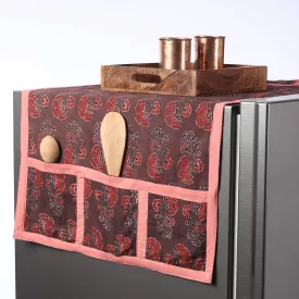 Ajrakh Block Printed Cotton Fridge Top Cover with Multiple Pockets