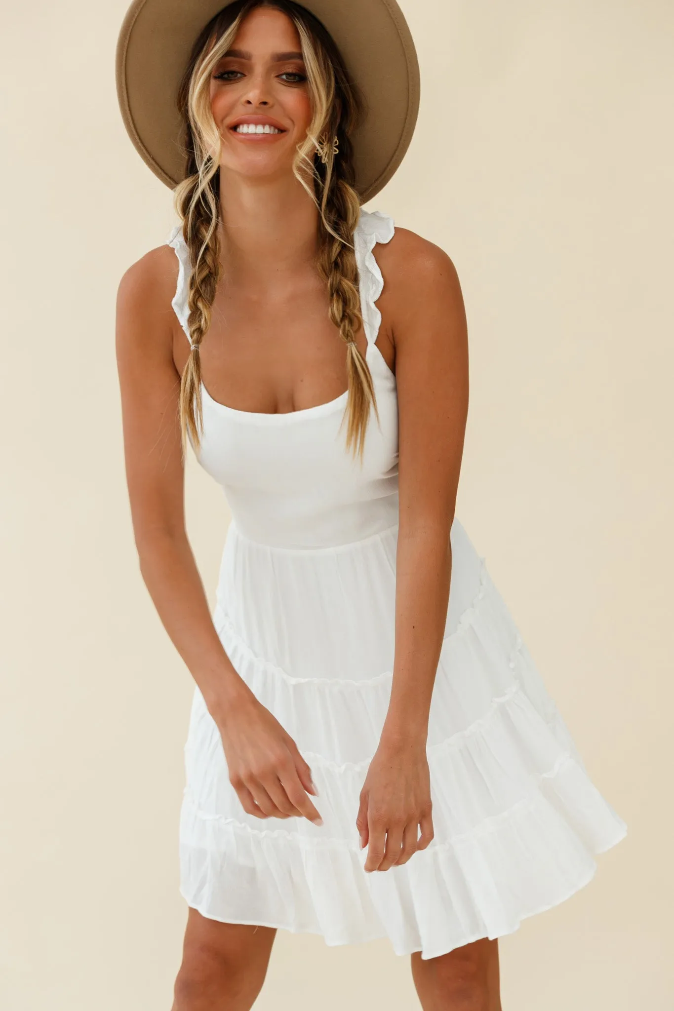 Allegra Fluted Hem Lace-Up Back Dress White