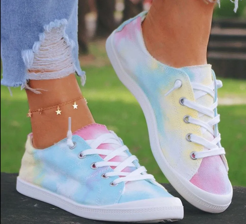 Amozae-  New Tie Dye Sneakers Women 2024 Autumn Multi Color Lace Up Ladies Casual Canvas Shoes Outdoor 43 Big Size Female Flats Loafers AA10