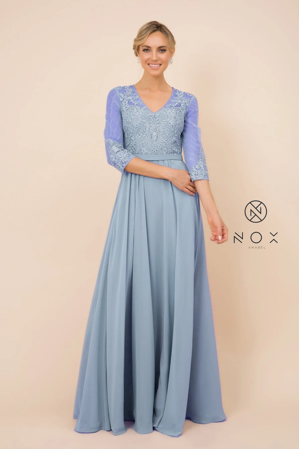 Applique Chiffon 3/4 Sleeve Gown by Nox Anabel Y532