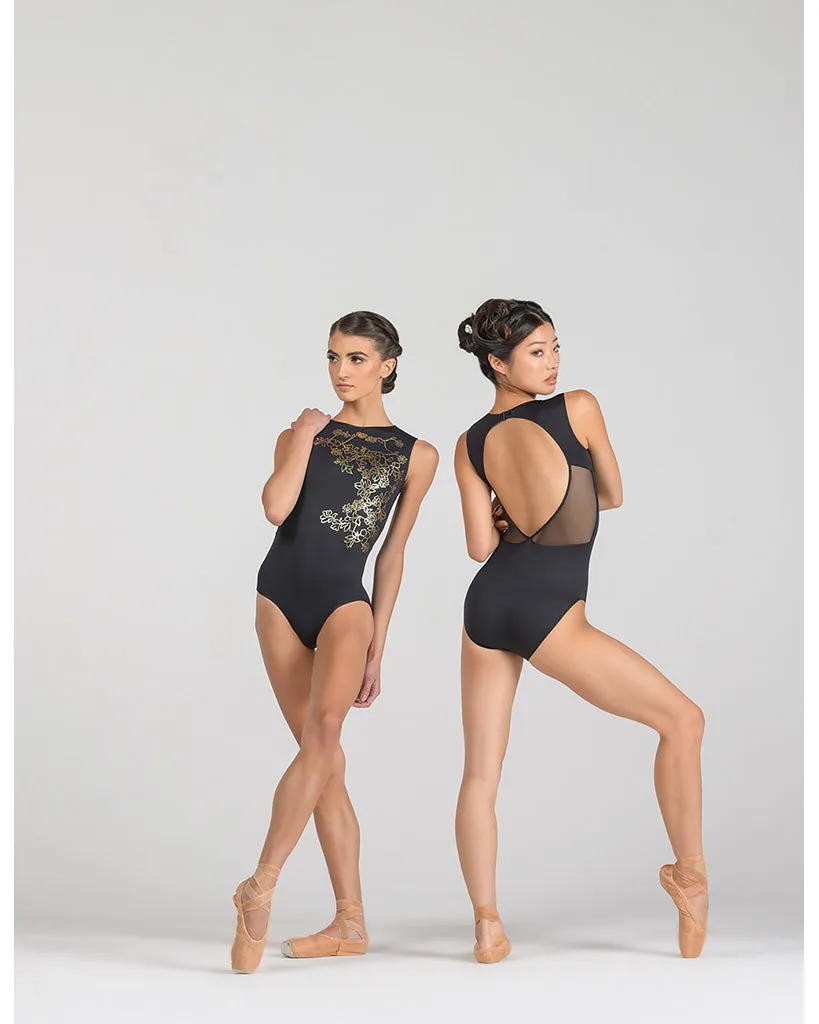 Ballet Rosa Thea Boatneck Open Back Sleeveless Leotard - Womens - Gold Metallic Print