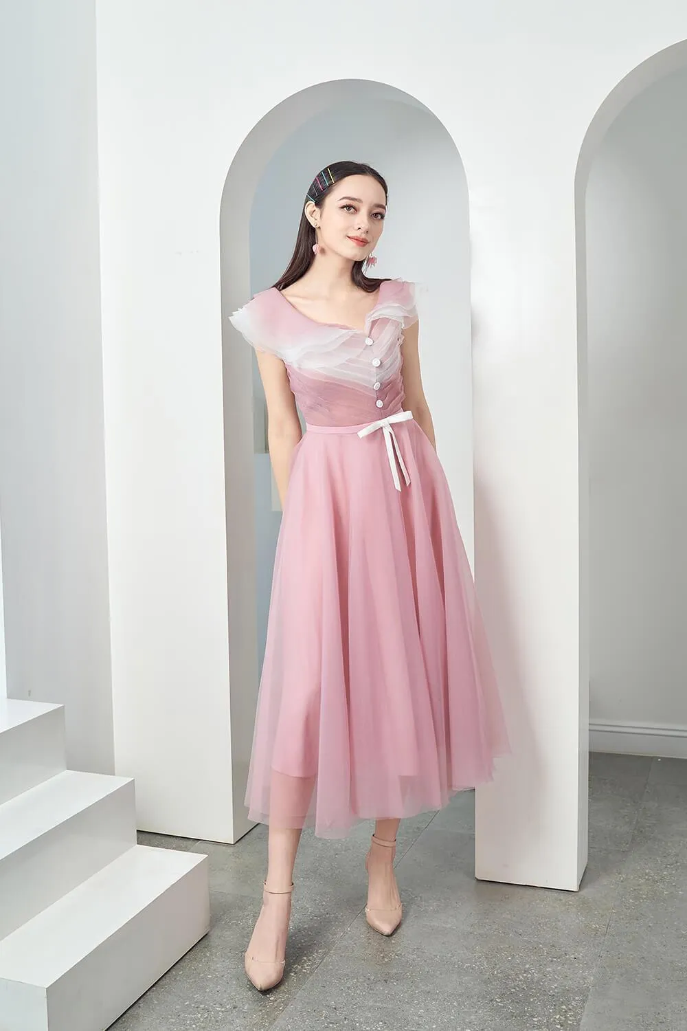 Baskom Fit and Flare Ruffled Organza Midi Dress