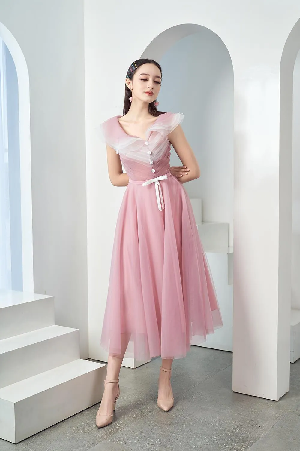 Baskom Fit and Flare Ruffled Organza Midi Dress