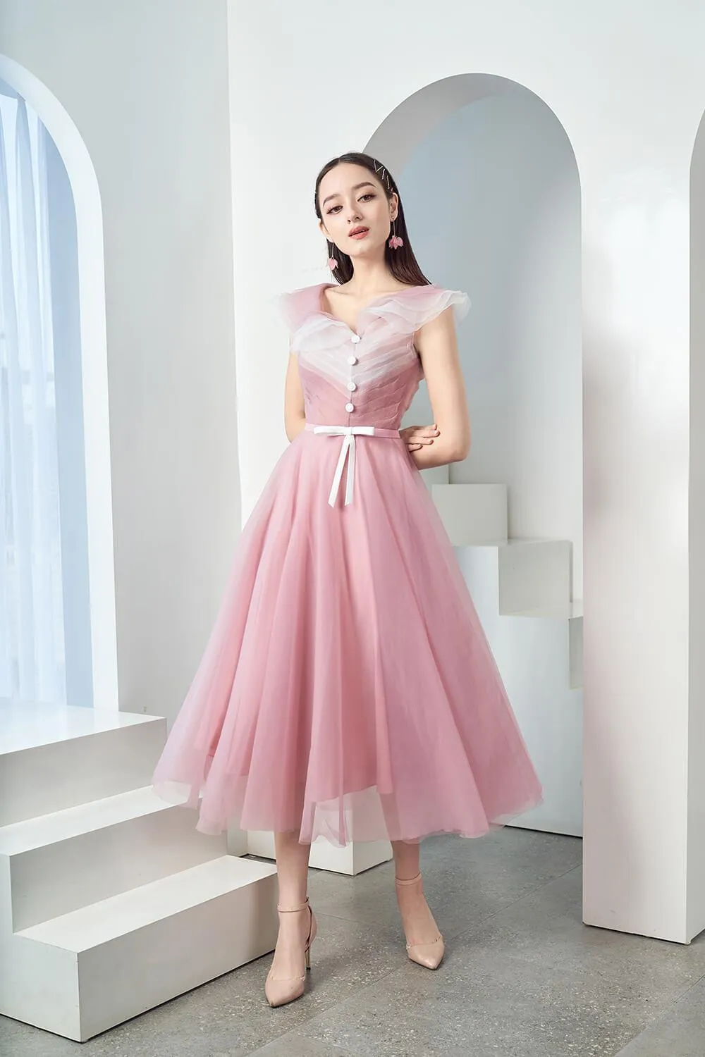 Baskom Fit and Flare Ruffled Organza Midi Dress