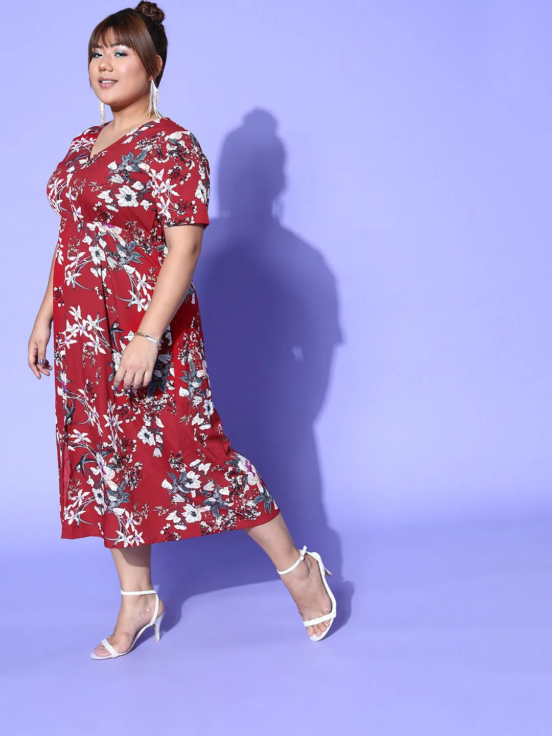 Berrylush Curve Plus Size Maroon Floral Printed A-Line Maxi Dress