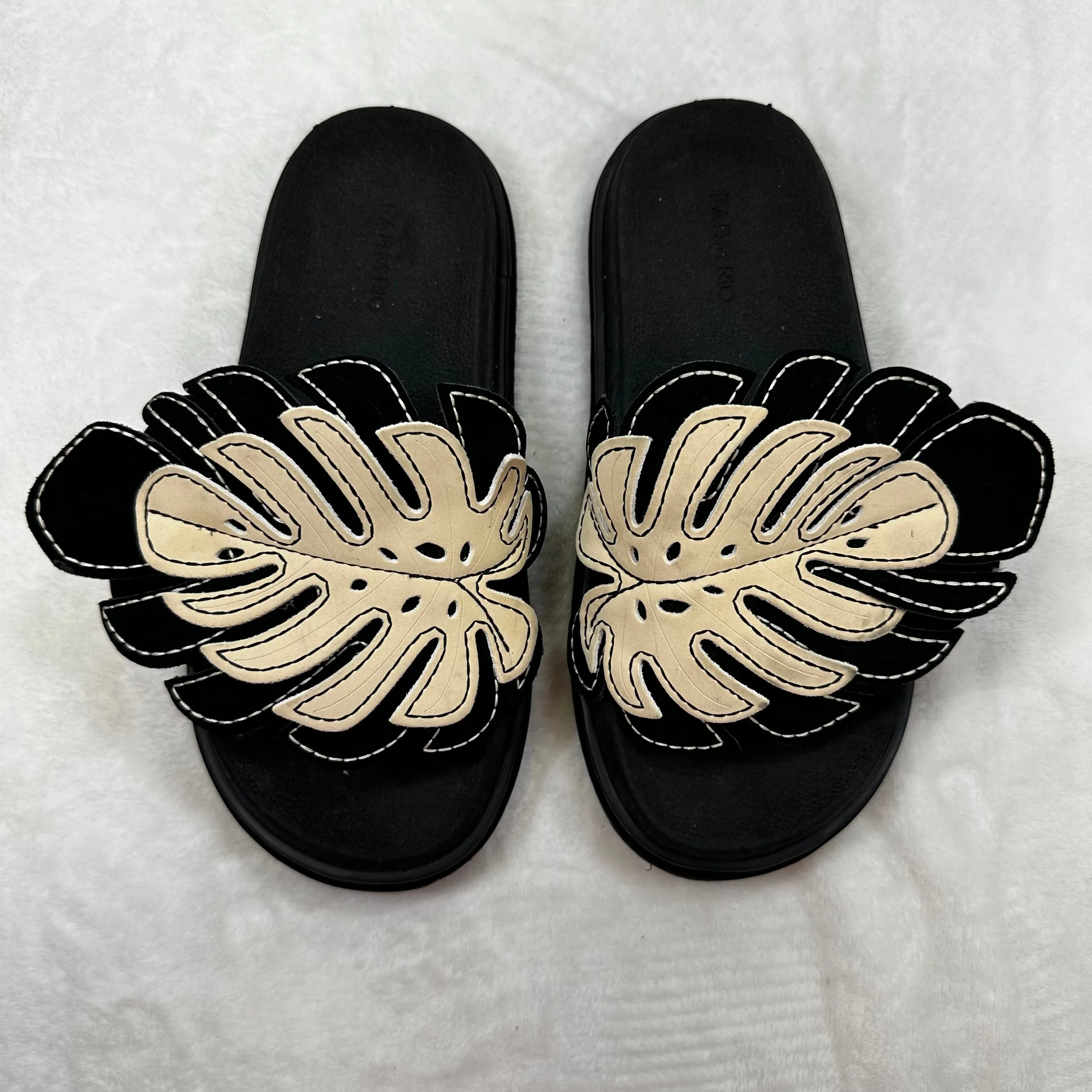 Black And White Monstera Anatomic Slide Sandal Flats By Farm Rio, Size: 8