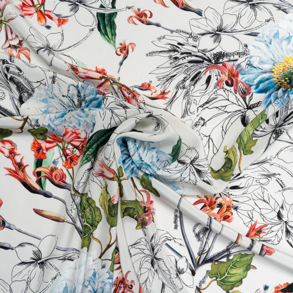 Blue & Red Floral Printed Pale Grey Silk Crêpe de Chine