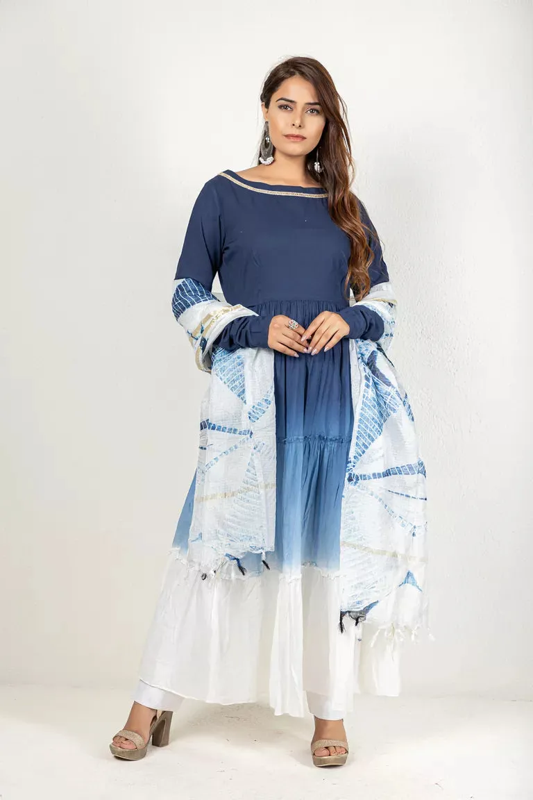 Blue & White Cotton Kurta With Dupatta Set