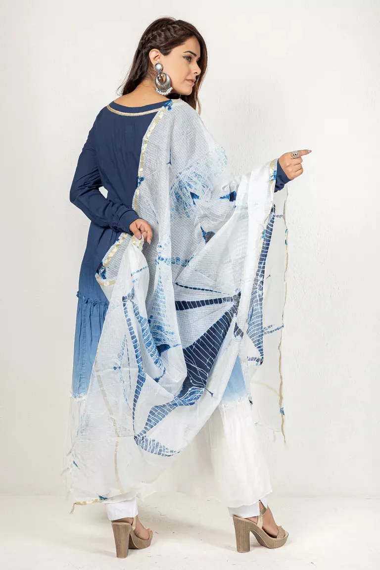 Blue & White Cotton Kurta With Dupatta Set