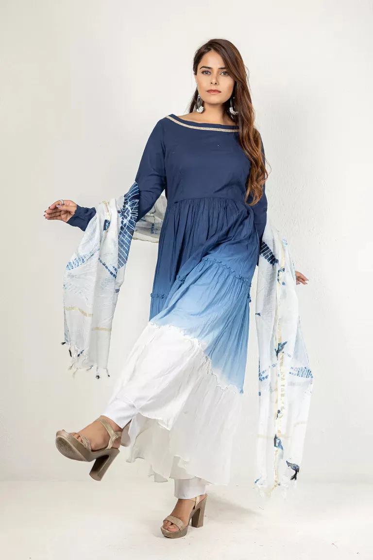 Blue & White Cotton Kurta With Dupatta Set