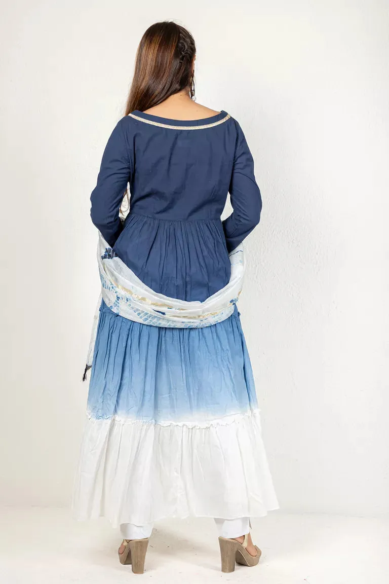 Blue & White Cotton Kurta With Dupatta Set