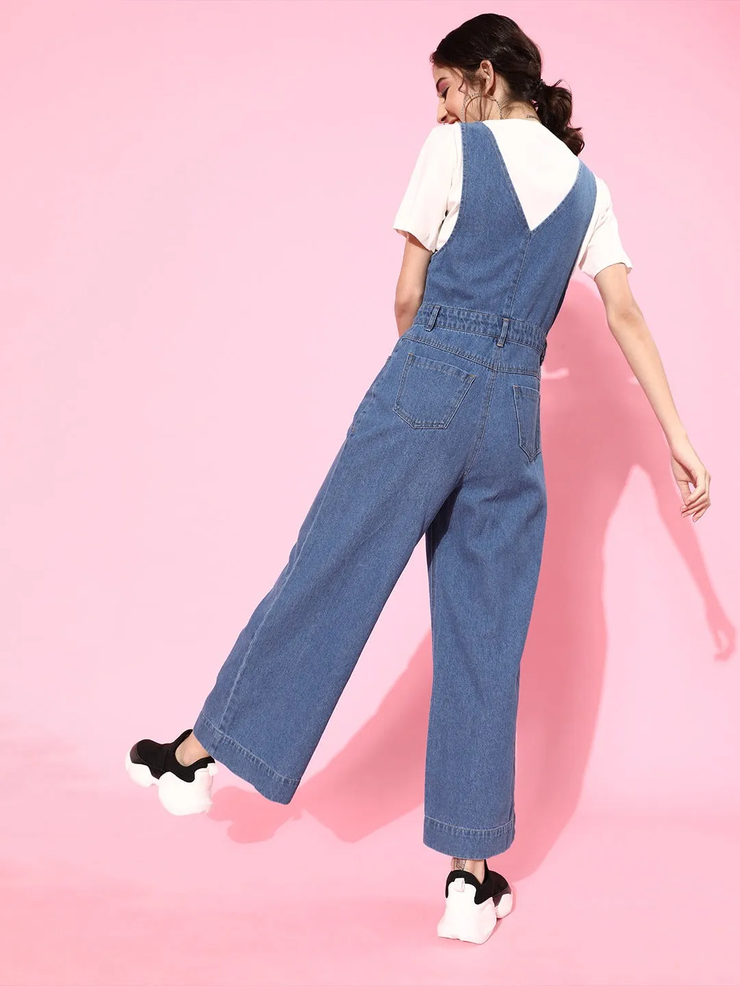 Blue Deep V-Neck Denim Flared Leg Jumpsuit