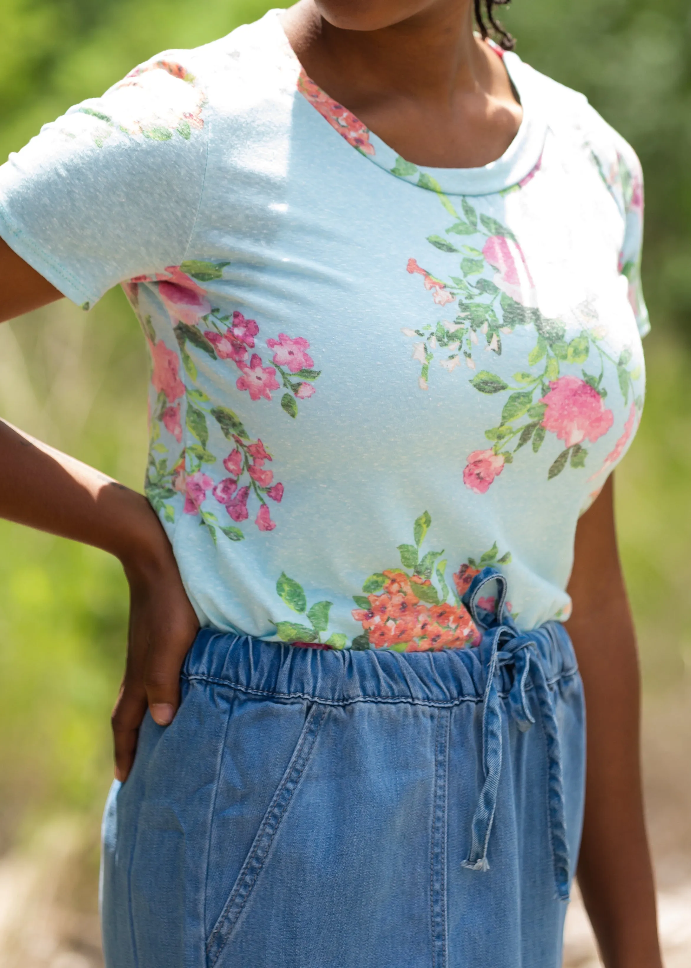 Blue Floral Print Short Sleeve Top