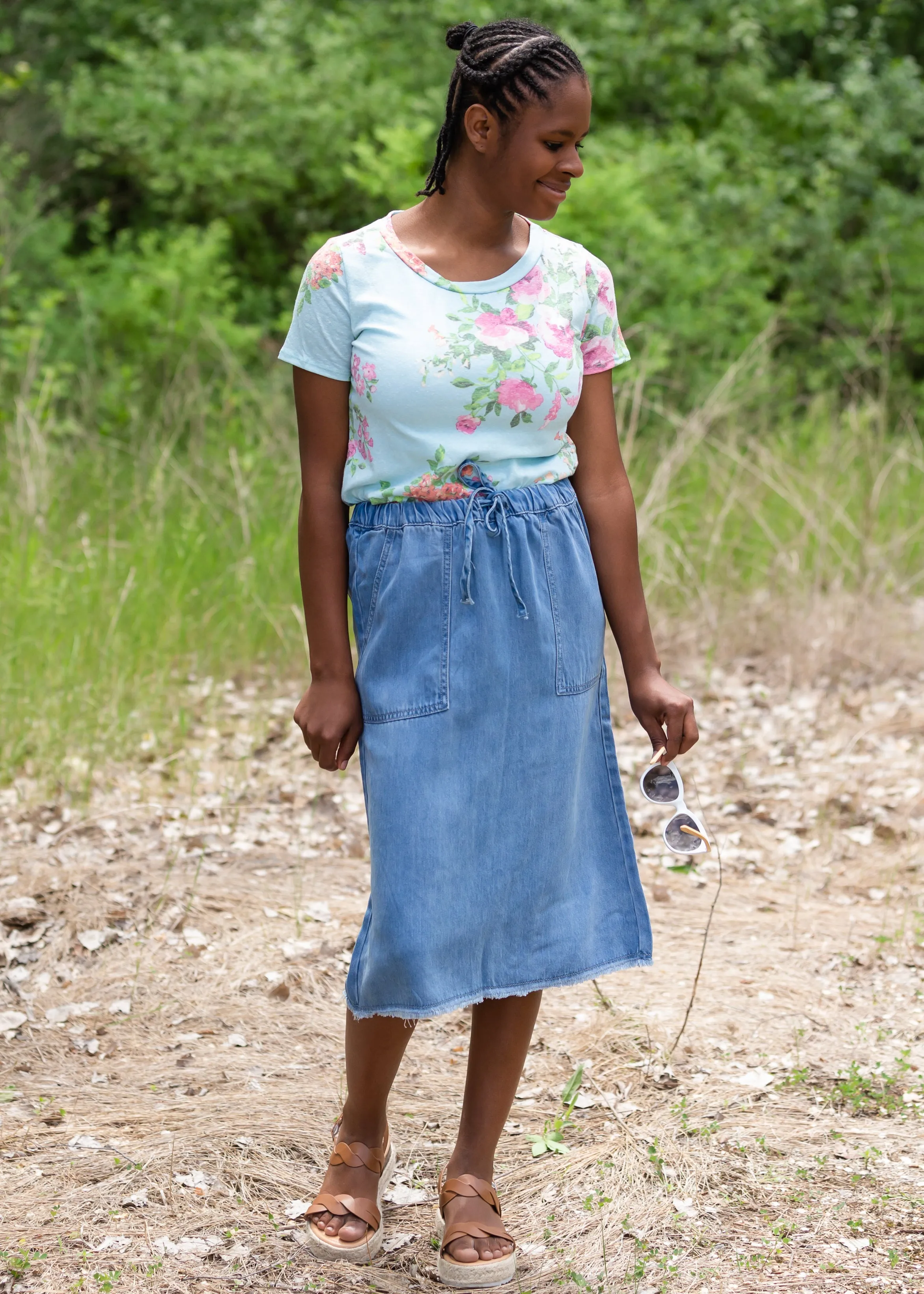 Blue Floral Print Short Sleeve Top