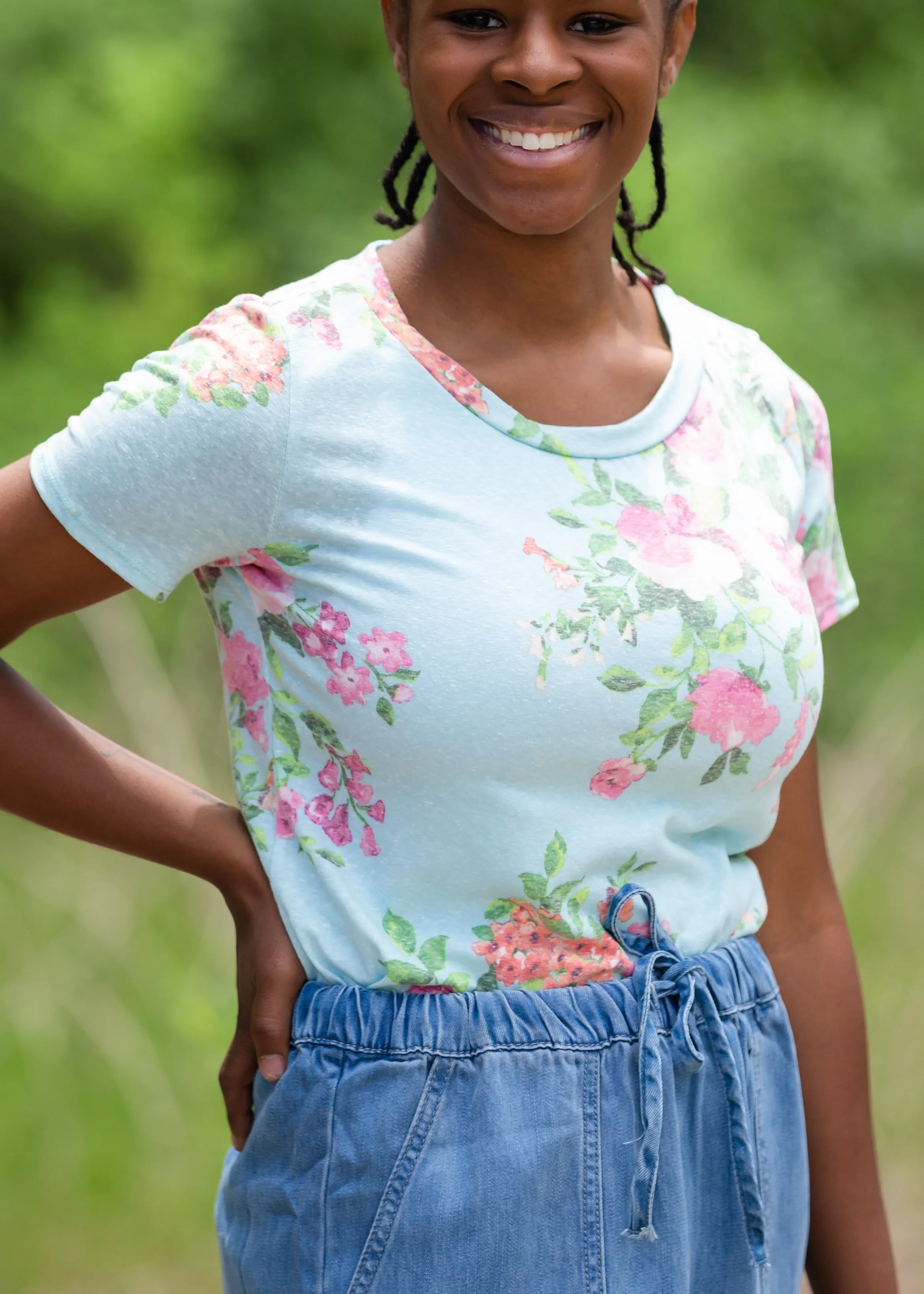 Blue Floral Print Short Sleeve Top