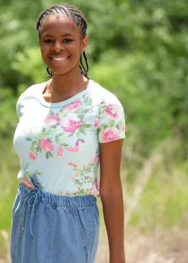 Blue Floral Print Short Sleeve Top