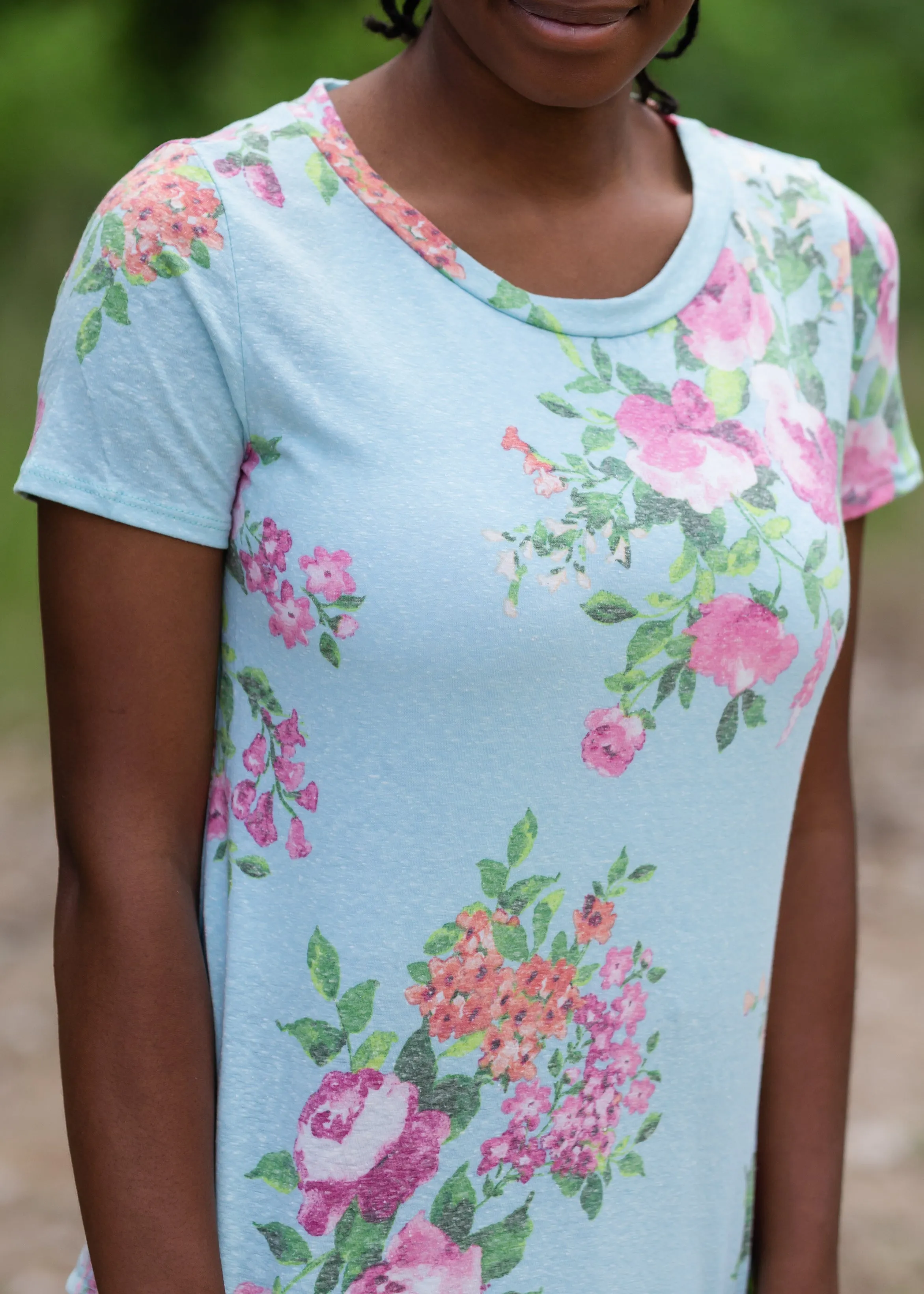 Blue Floral Print Short Sleeve Top