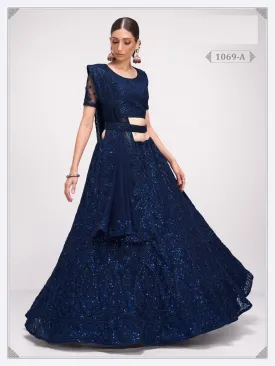 Blue Net Embroidery Semi Stitched Lehenga