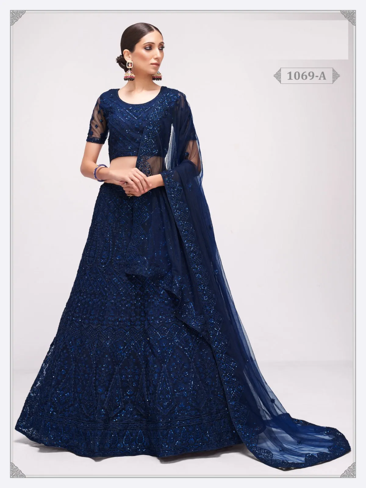 Blue Net Embroidery Semi Stitched Lehenga