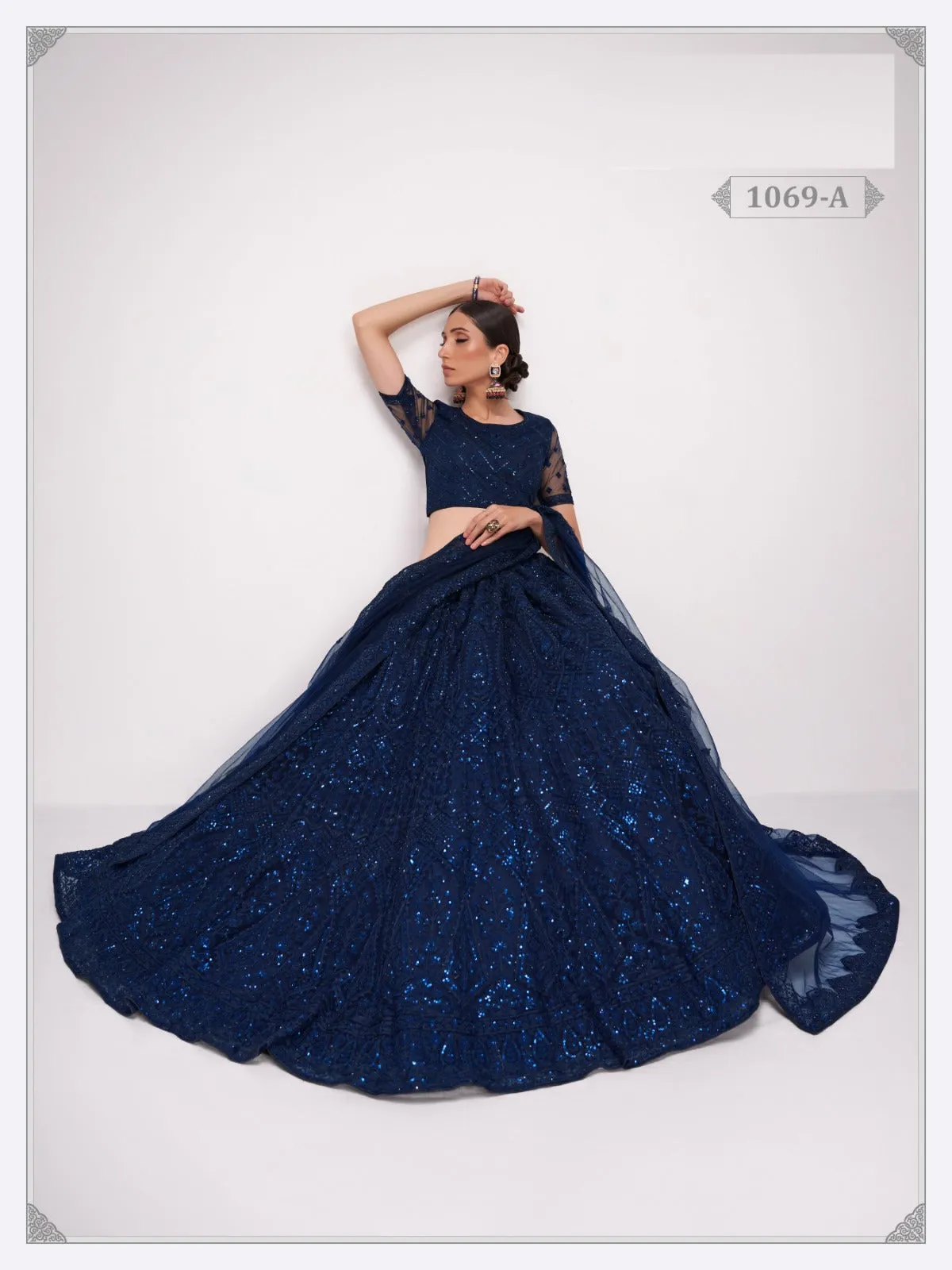 Blue Net Embroidery Semi Stitched Lehenga