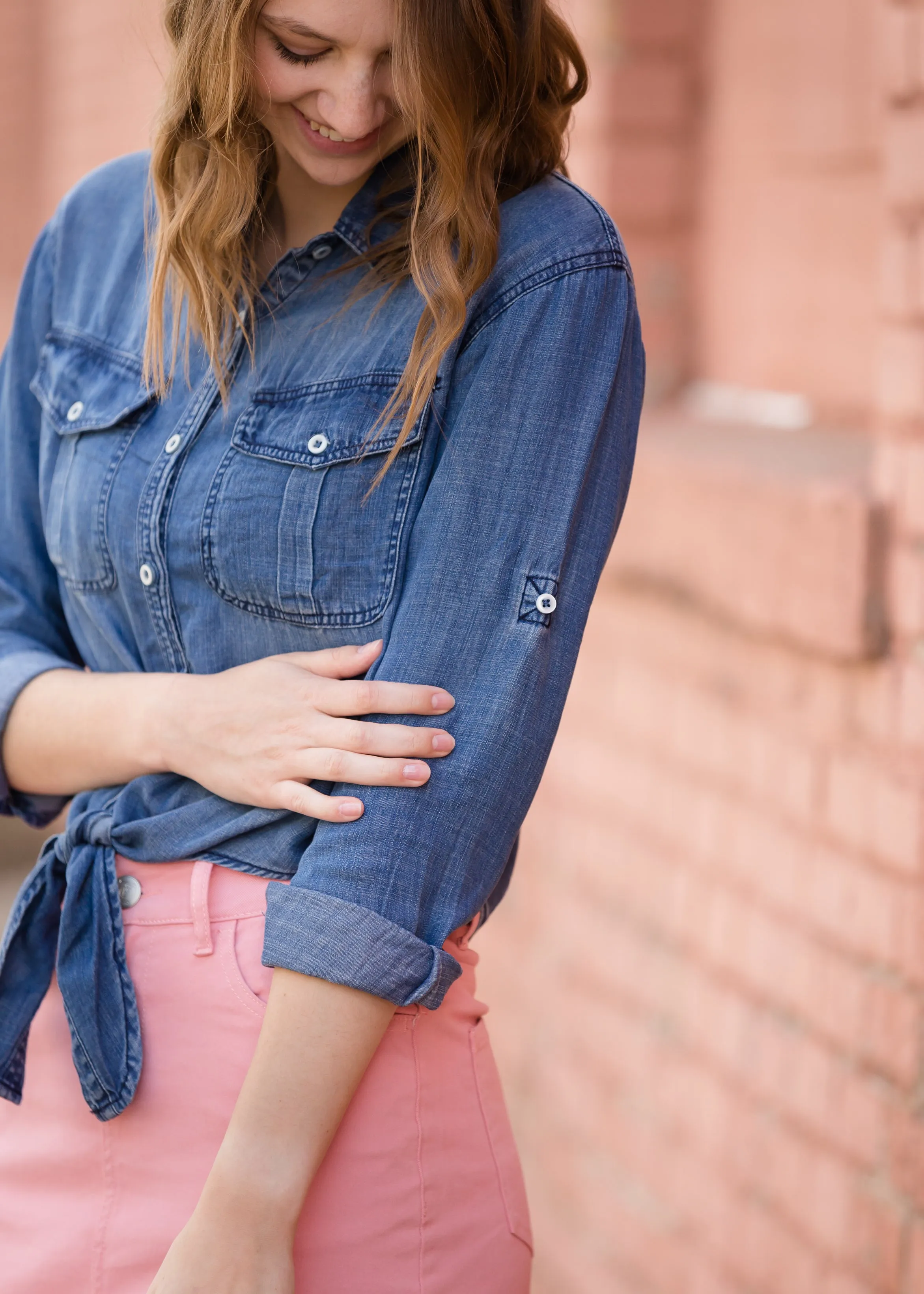 Button Front Tie Washed Denim Top - FINAL SALE