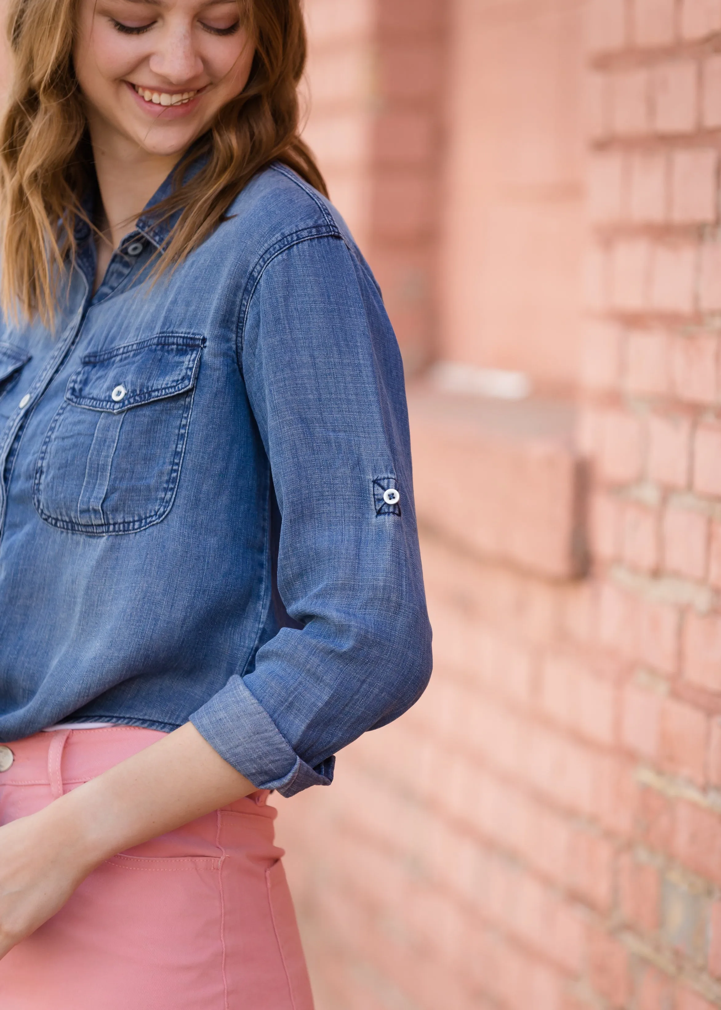 Button Front Tie Washed Denim Top - FINAL SALE