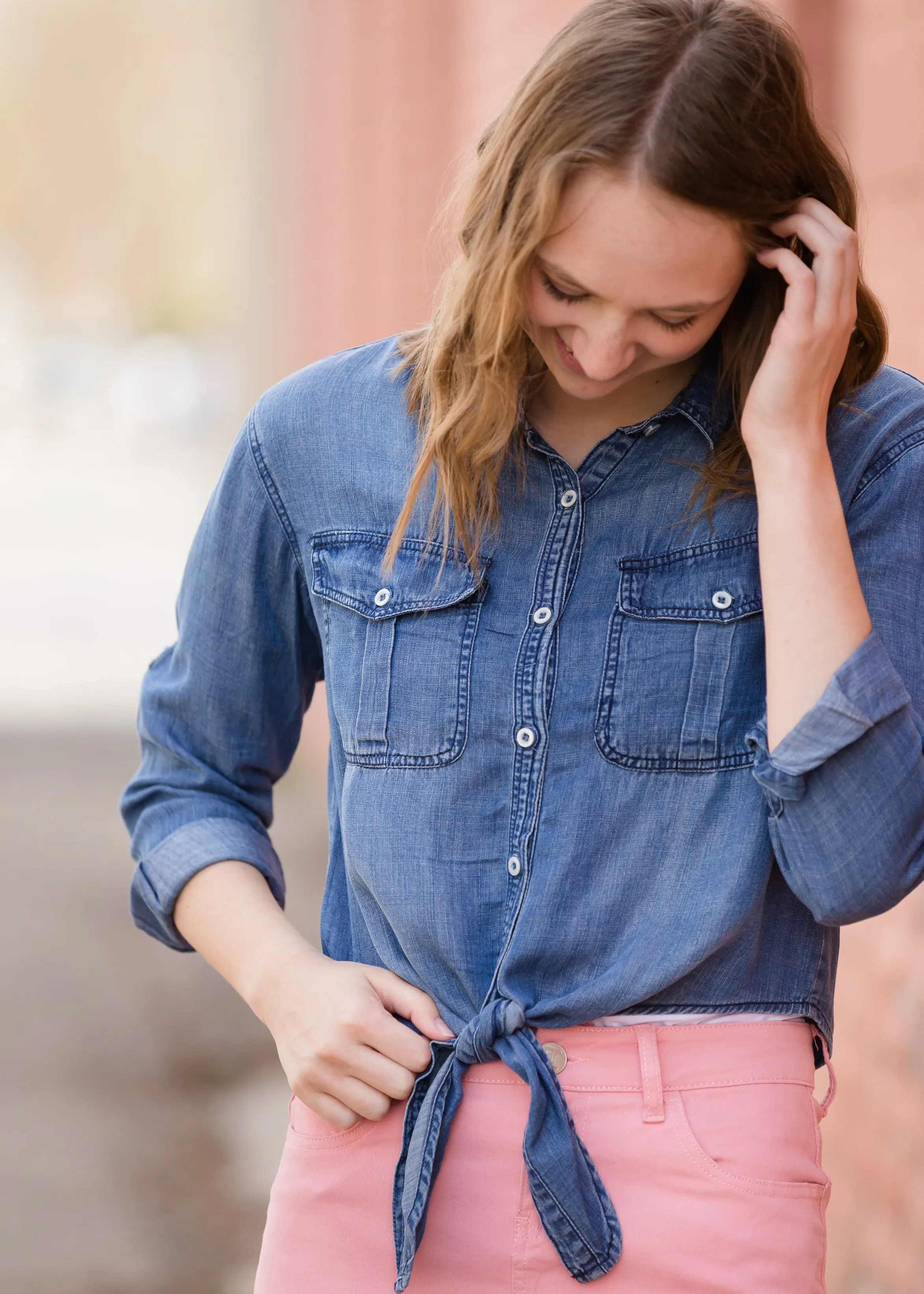 Button Front Tie Washed Denim Top - FINAL SALE