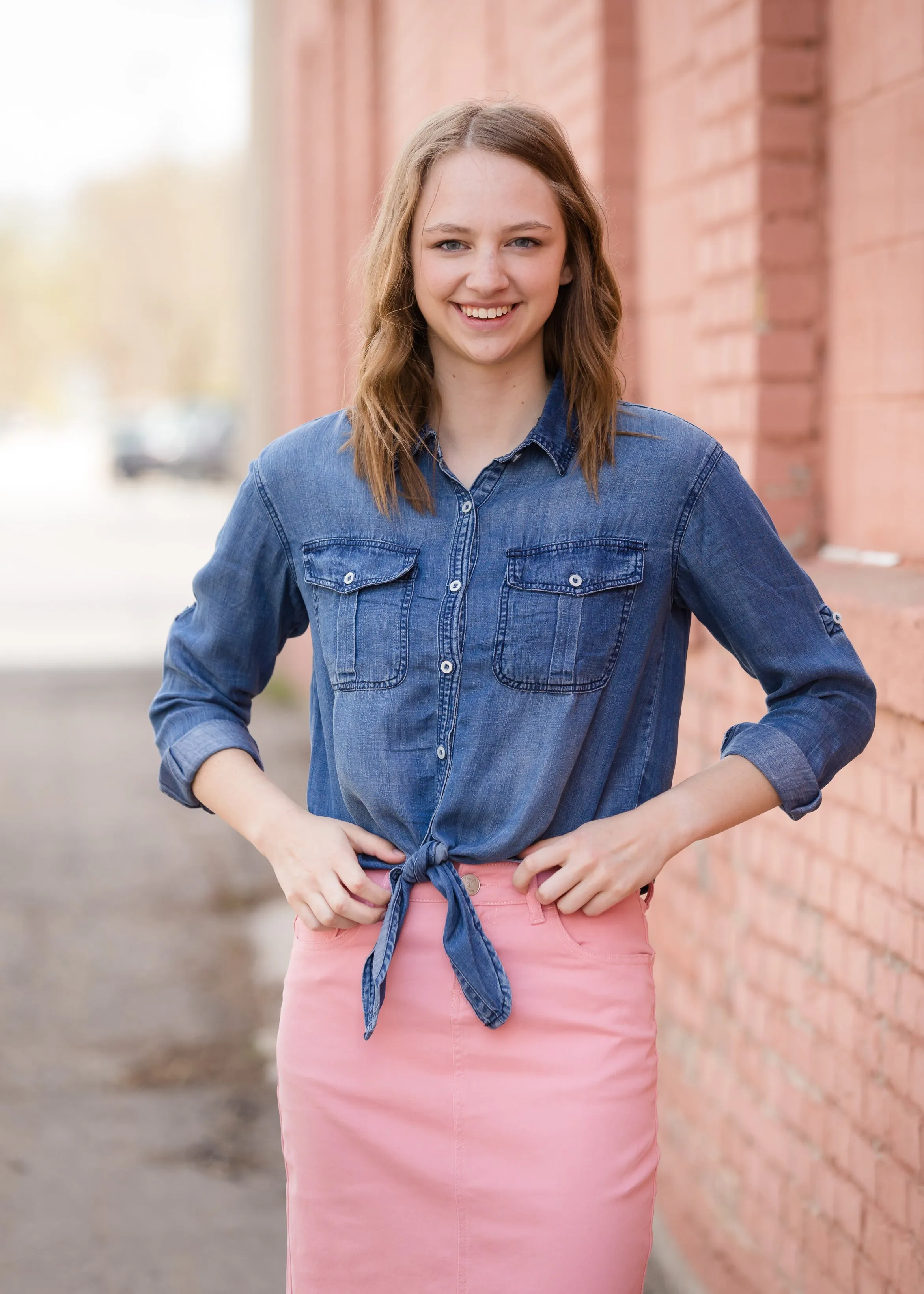 Button Front Tie Washed Denim Top - FINAL SALE