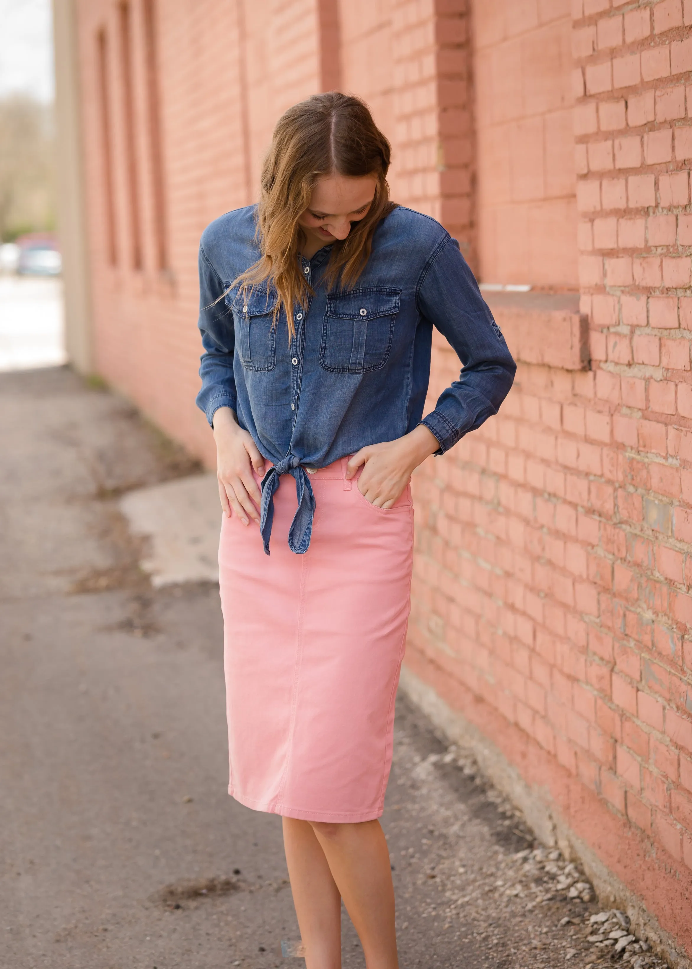 Button Front Tie Washed Denim Top - FINAL SALE