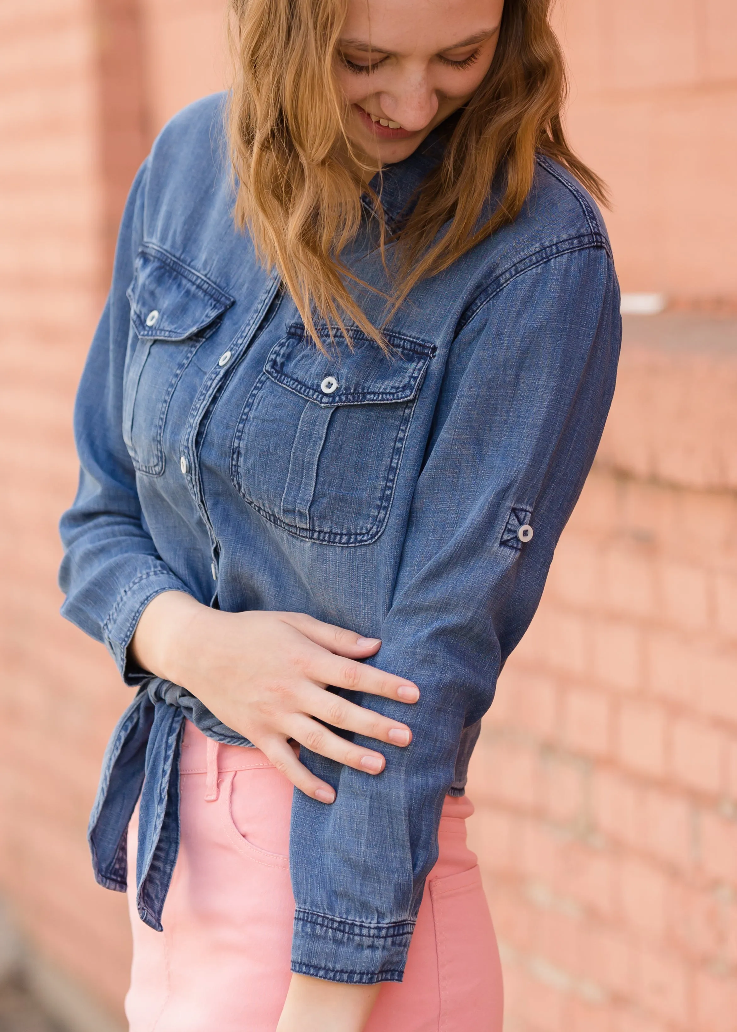 Button Front Tie Washed Denim Top - FINAL SALE