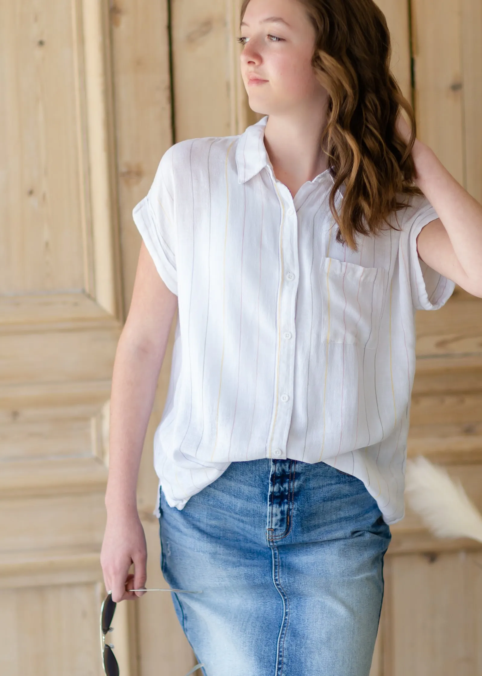 Button Up Muted Rainbow Striped Top - FINAL SALE