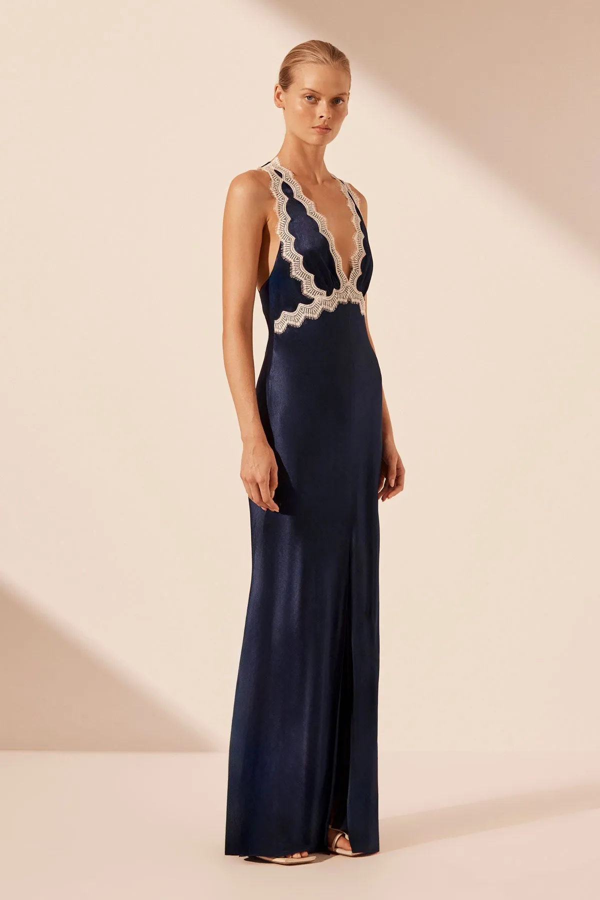 CAMILLE LACE CROSS BACK SPLIT MAXI DRESS - DEEP MIDNIGHT/IVORY