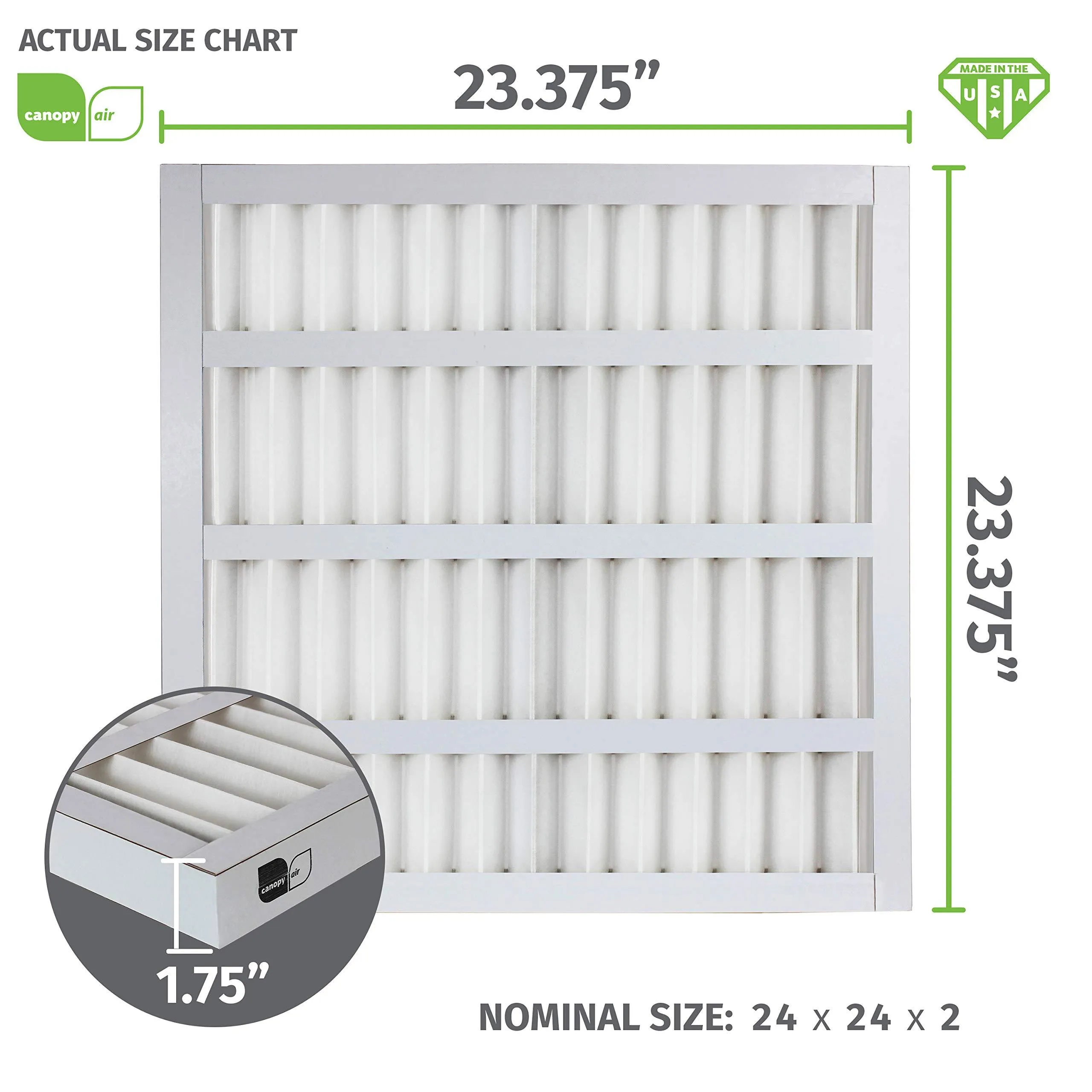 Canopy Air Professional Grade Self Supported Standard Capacity Pleated Air Filter, Synthetic Media, White, 8 MERV, 100% Metal Free, 24 Height x 24 Width x 2 Depth (Case of 12)