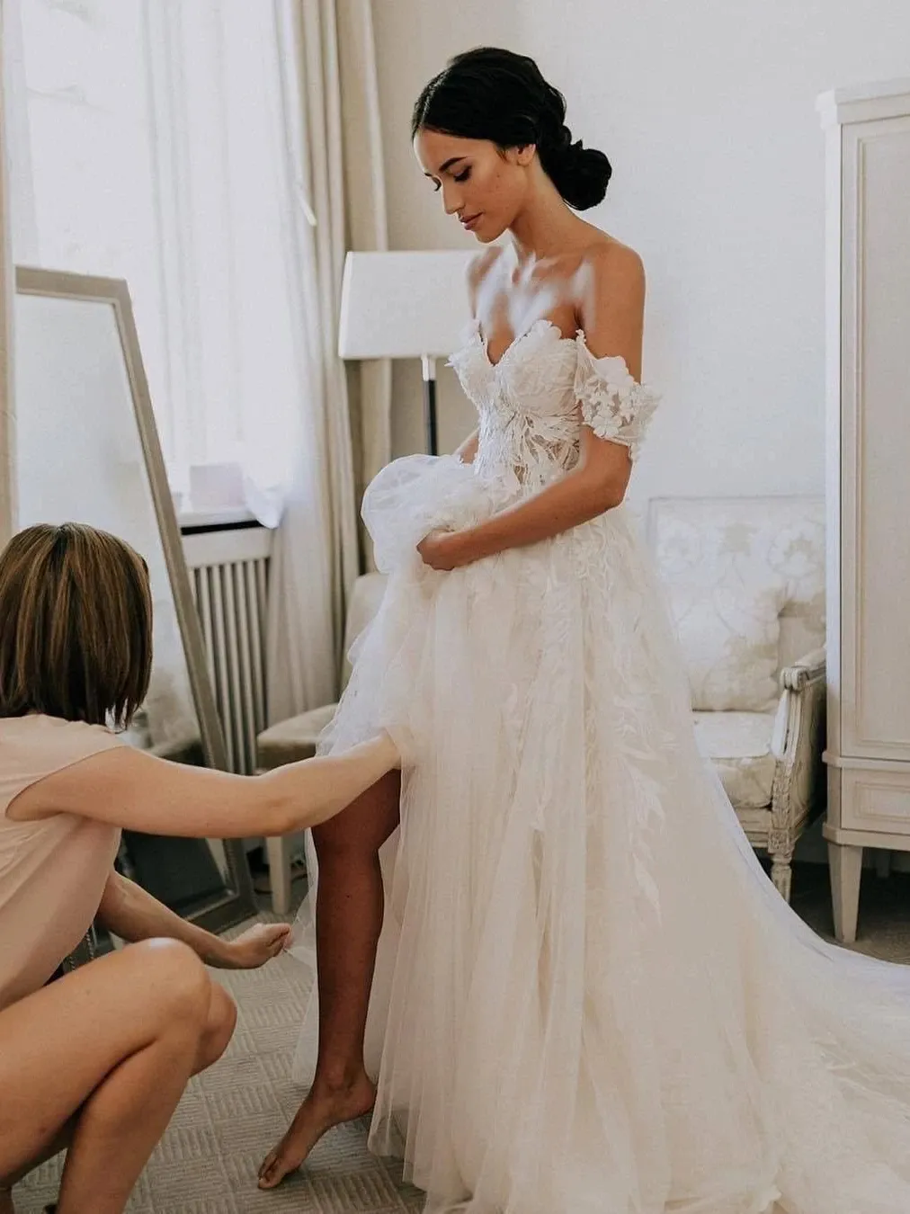 Chic Off The Shoulder Lace Wedding Dress Ivory A Line Beach Wedding Dress ER2065