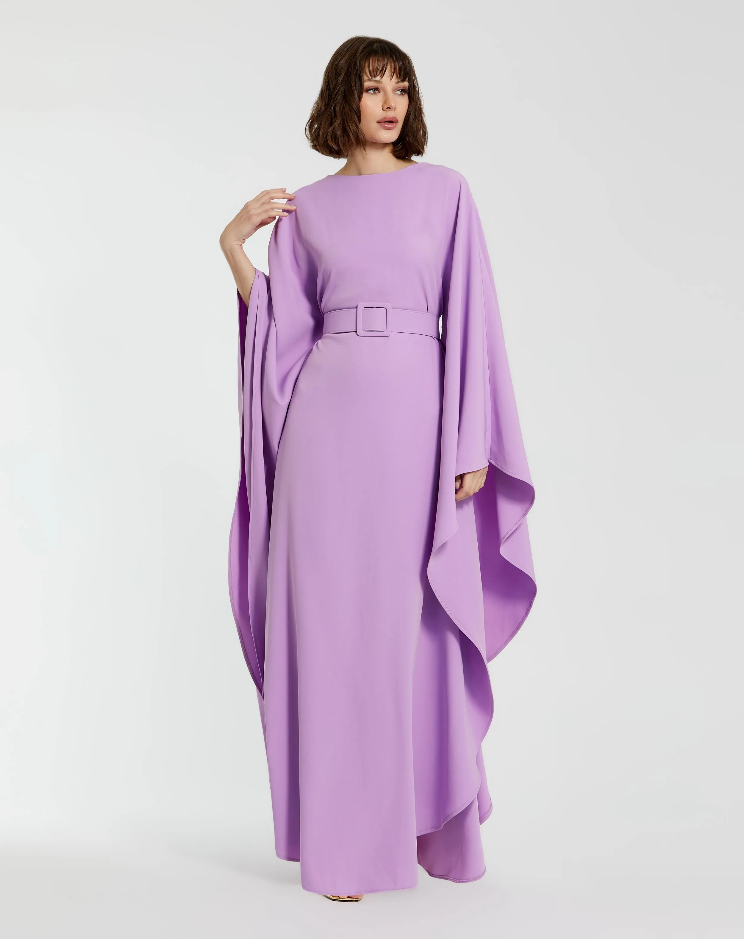 Crepe Boat Neck Shawl Gown With Belt