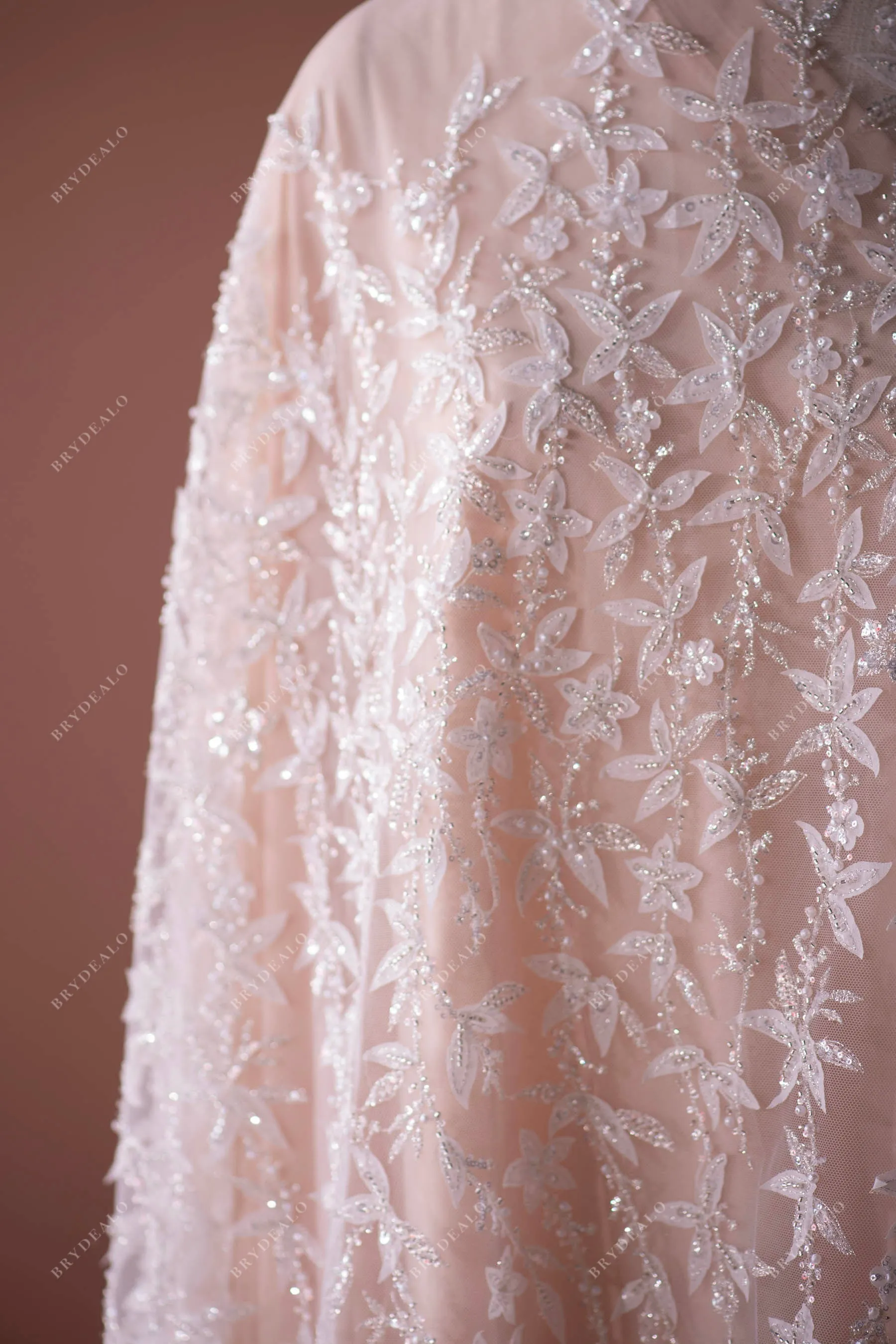 Delicate Beaded 3D Leaf Lace for Designer Dresses