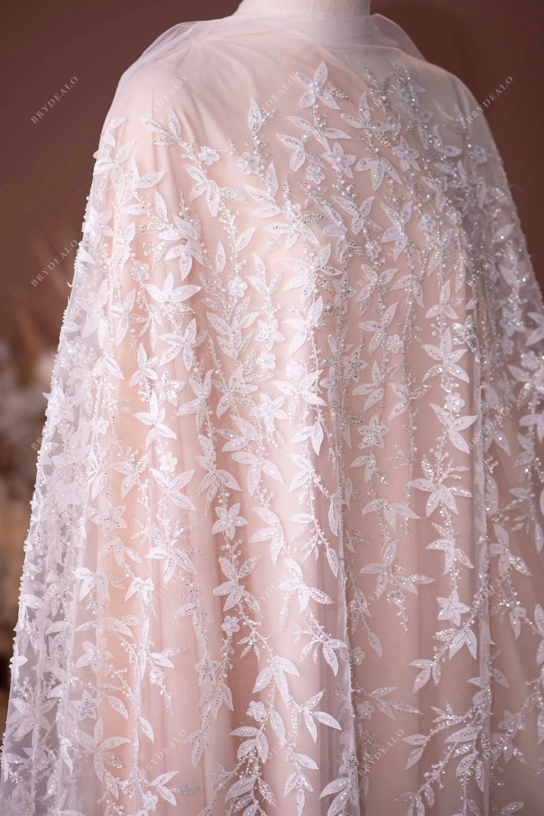 Delicate Beaded 3D Leaf Lace for Designer Dresses