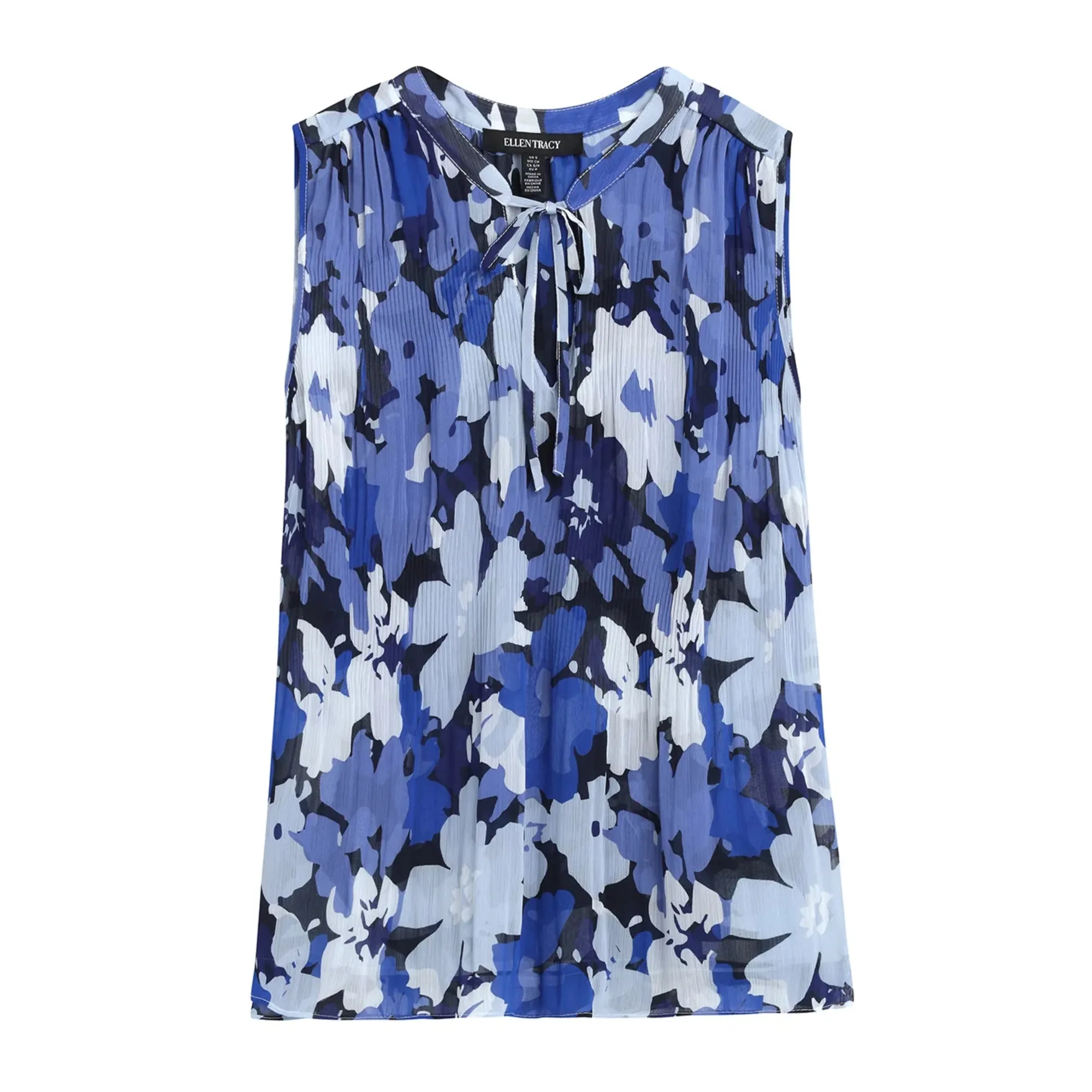 ELLEN TRACY Women's Floral Print Tie Neck Pleated Sleeveless Blouse