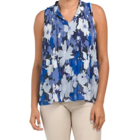 ELLEN TRACY Women's Floral Print Tie Neck Pleated Sleeveless Blouse