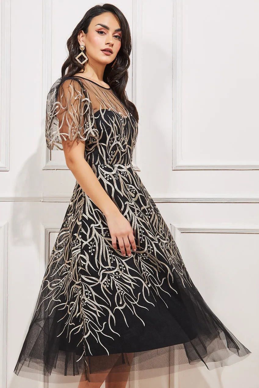 Goddiva Embroidered Mesh Midi Dress