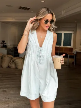 Henley Pleated Denim Romper in Light Wash